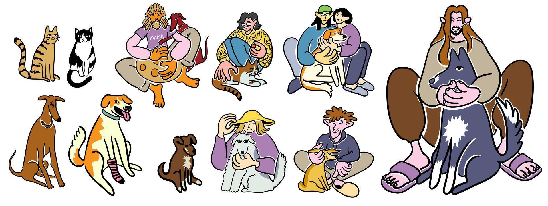 set of people with pets in doodle style in color vector