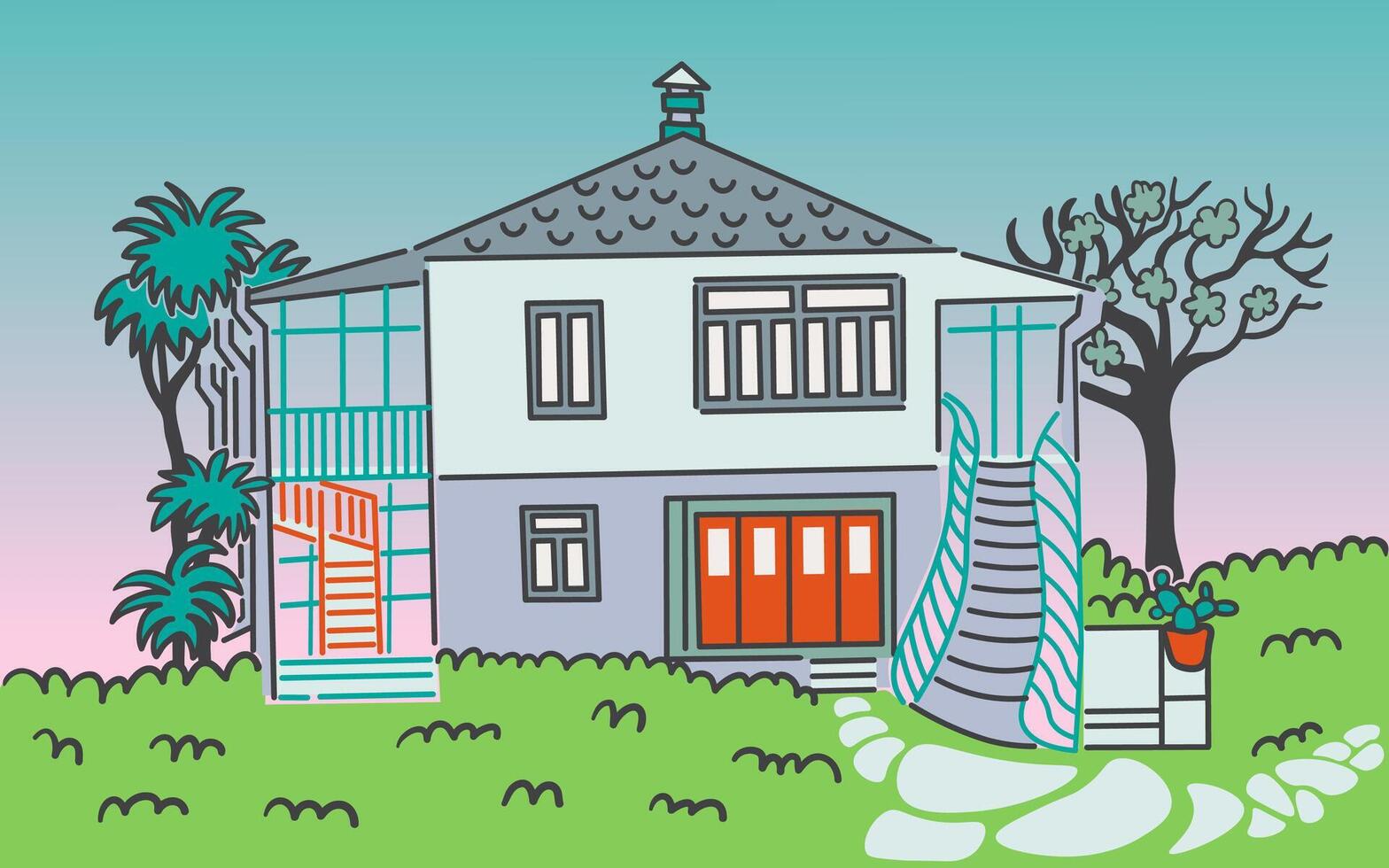 village house in doodle style with background in color vector