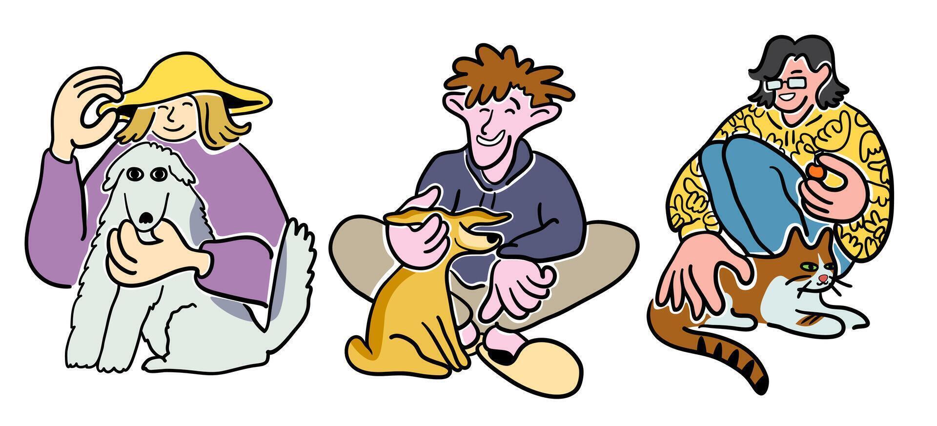 people sit with pet set in doodle style in color vector