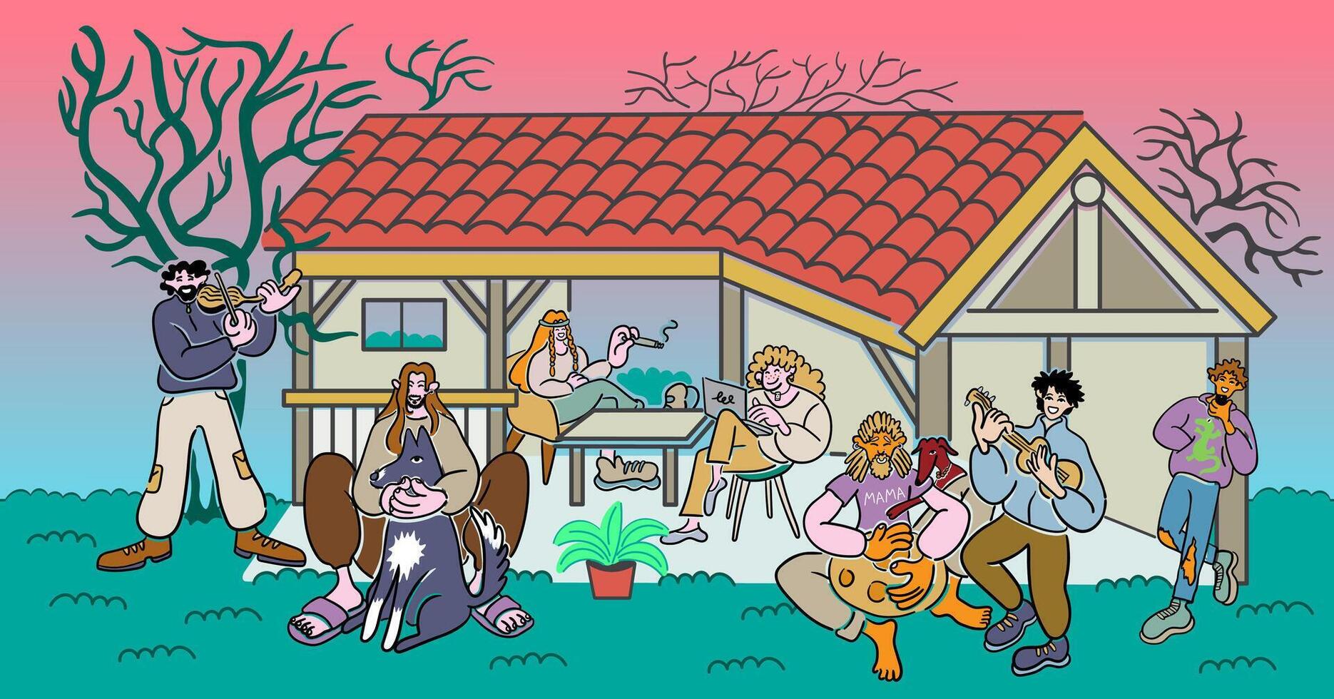 a company hang out in gazebo in doodle style in color vector