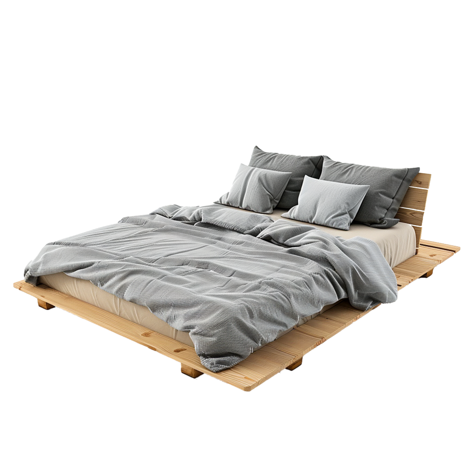 Gray bedding on wooden platform bed simple bedroom design png