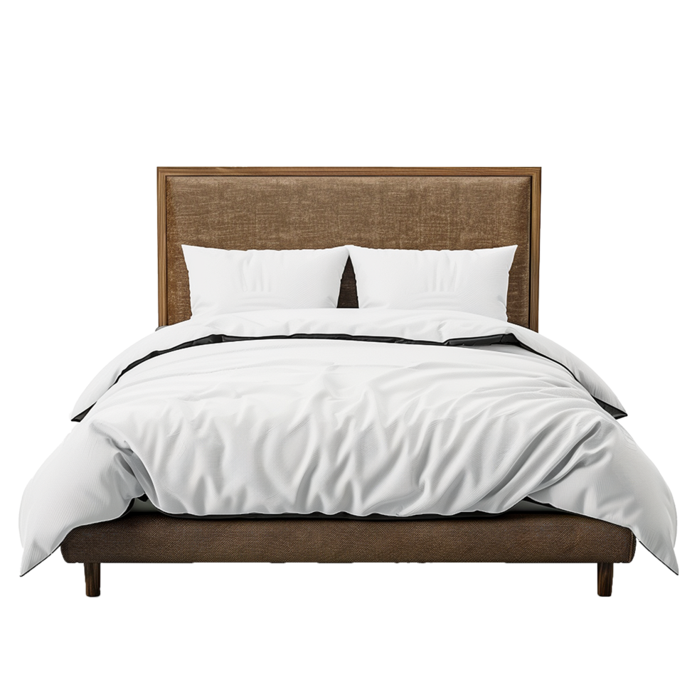 Modern Brown Bed with White Bedding Minimalist Bedroom Design png