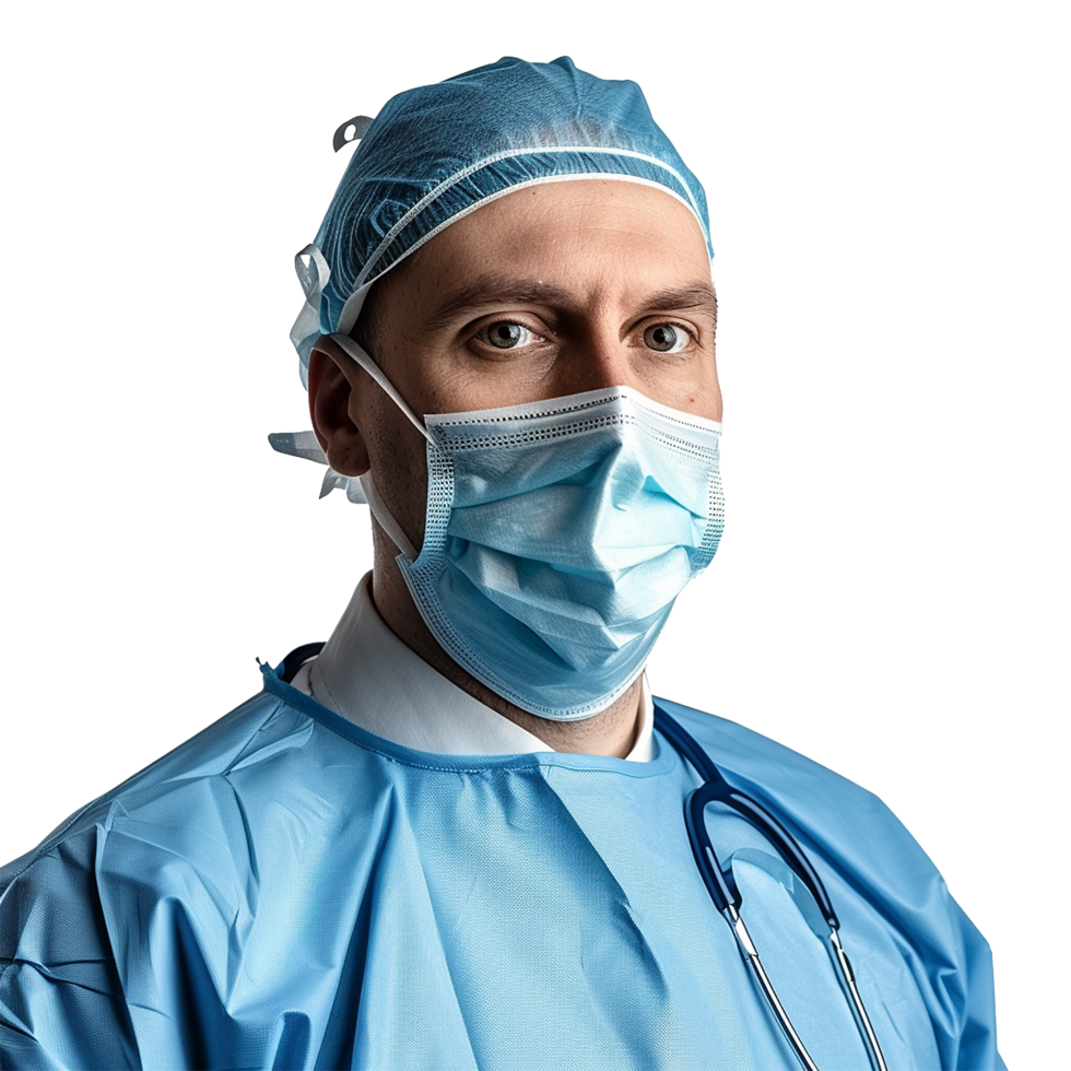 Surgeon in scrubs and mask ready for surgery, png