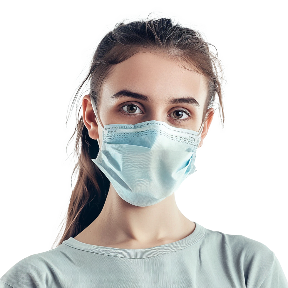 Woman wearing a light blue face mask safety protection png