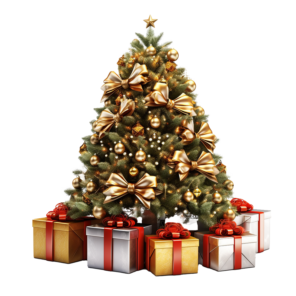 Elegant Christmas tree adorned with gold bows and gifts, png