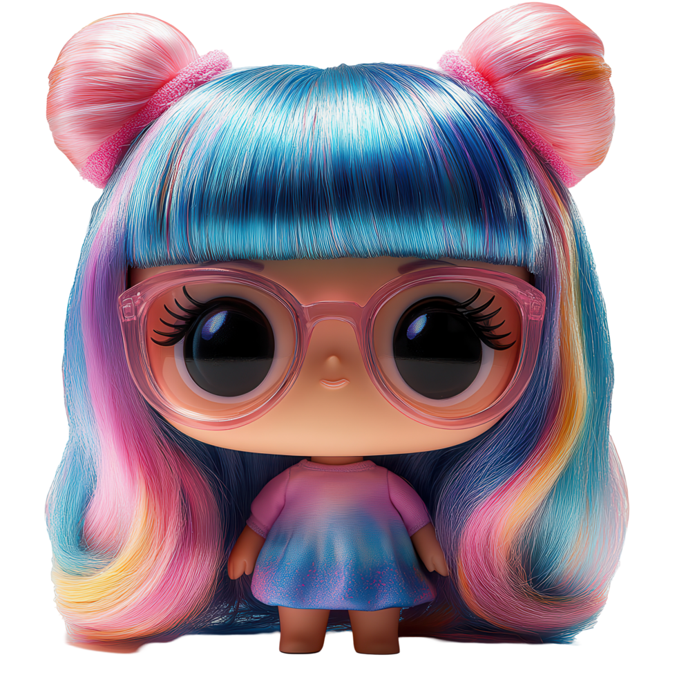 Cute doll with colorful hair and stylish glasses displayed in vibrant attire against a white background isolated on transparent background png