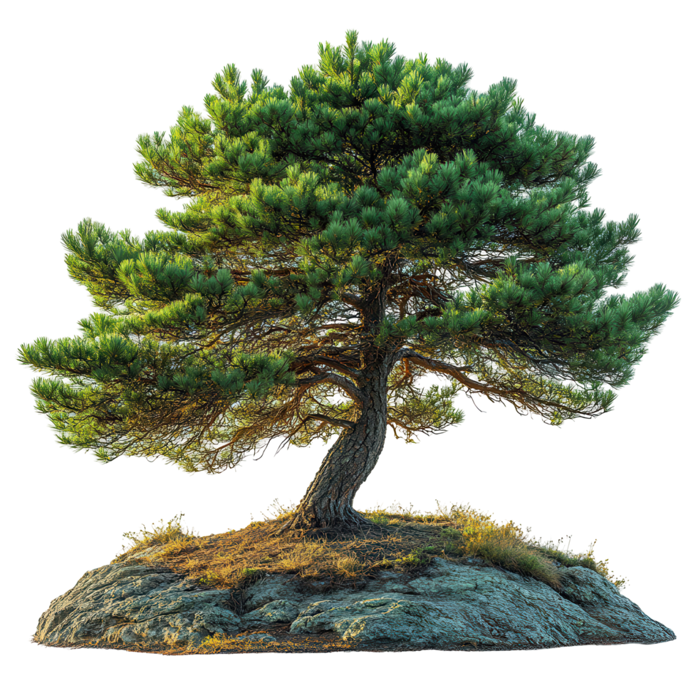 Majestic pine tree stands alone on rocky outcrop under clear sky isolated on transparent background png