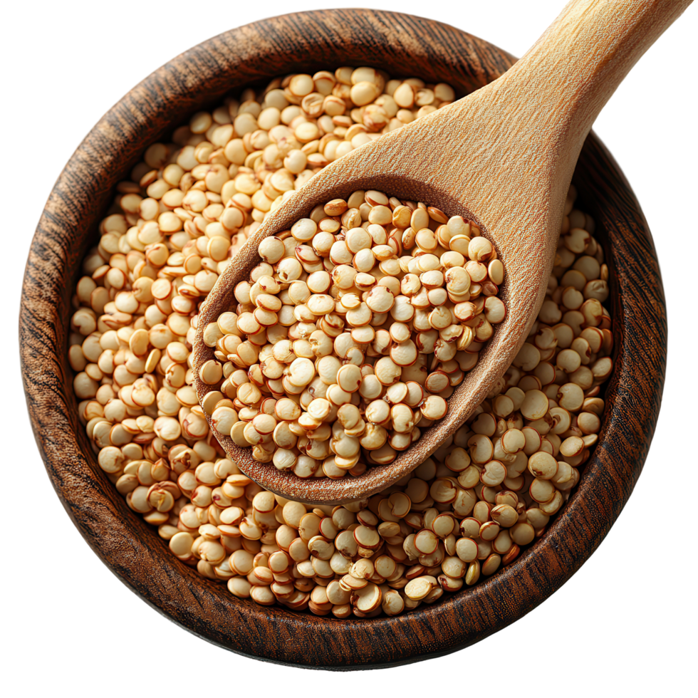 Quinoa seeds in a wooden bowl and spoon ready for cooking or healthy meal preparation isolated on transparent background png