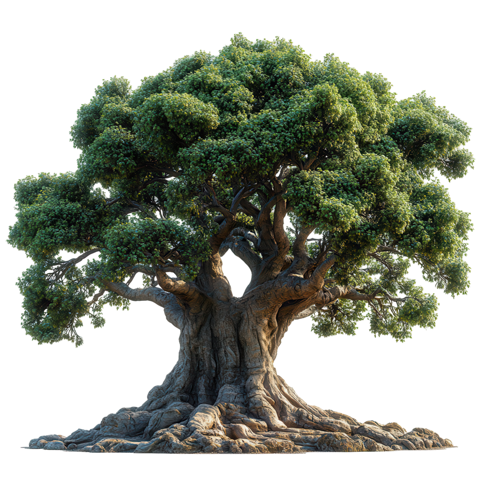 Large and lush green tree with thick branches and sturdy trunk in a bright and open environment isolated on transparent background png