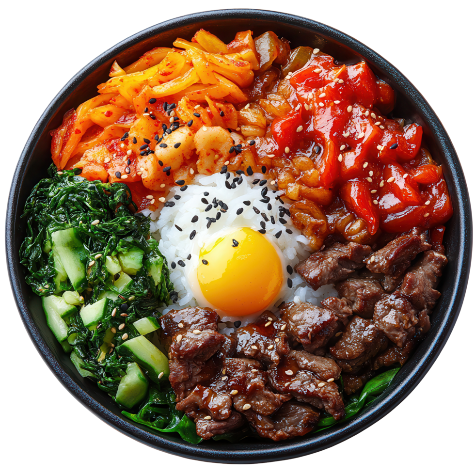 Colorful Korean bibimbap bowl with vegetables, beef, egg, and sesame seeds served on a flat surface isolated on transparent background png