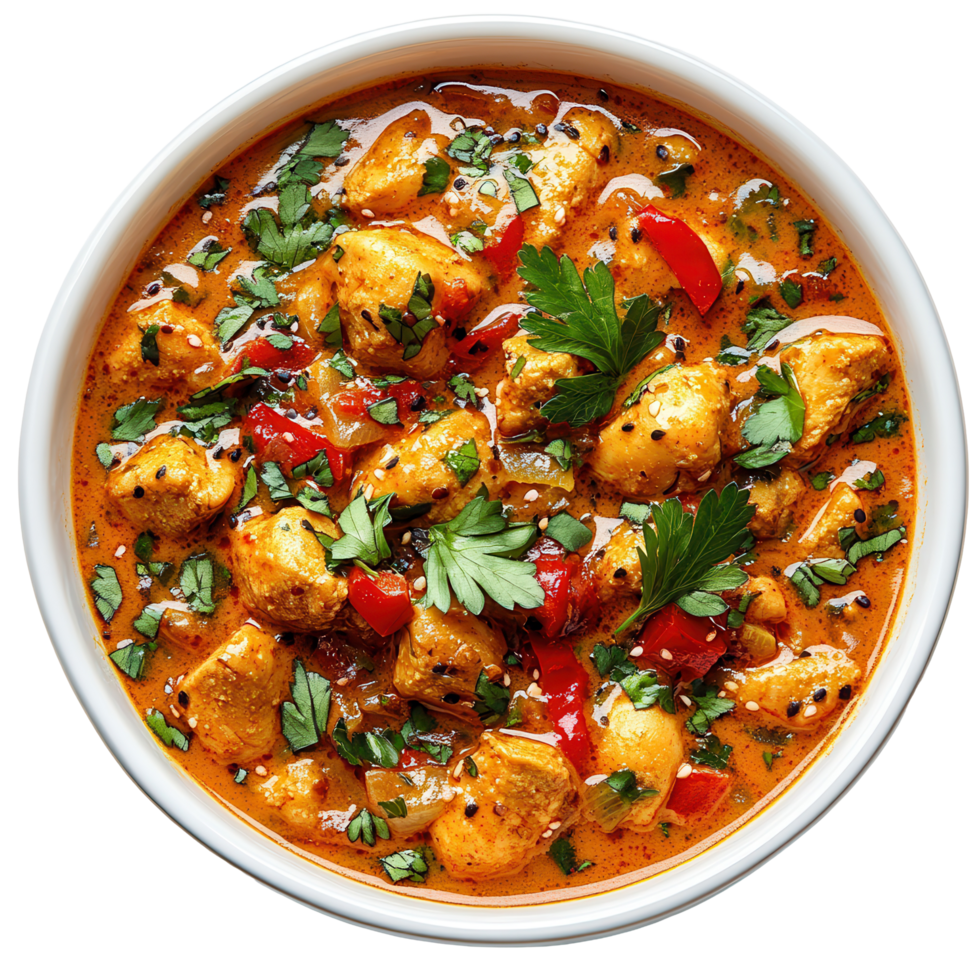 Flavorful chicken curry with vibrant herbs and spices in a white bowl on a simple background isolated on transparent background png