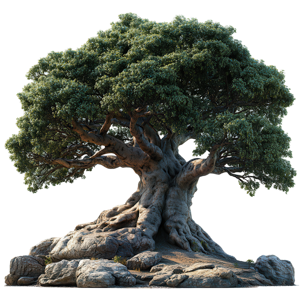 Majestic ancient tree with sprawling roots and lush foliage set against a white background isolated on transparent background png