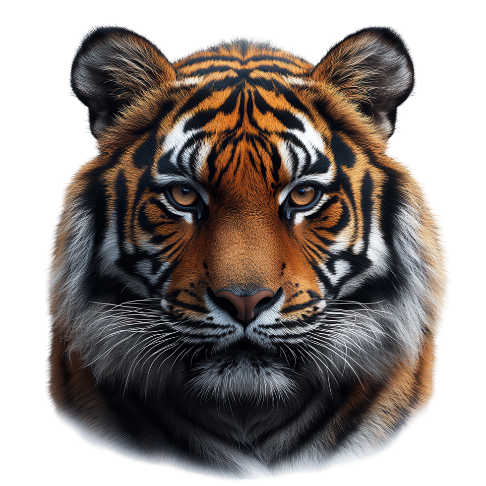 Majestic tiger staring intensely, showcasing vibrant stripes and powerful presence in a stunning close-up isolated on transparent background png