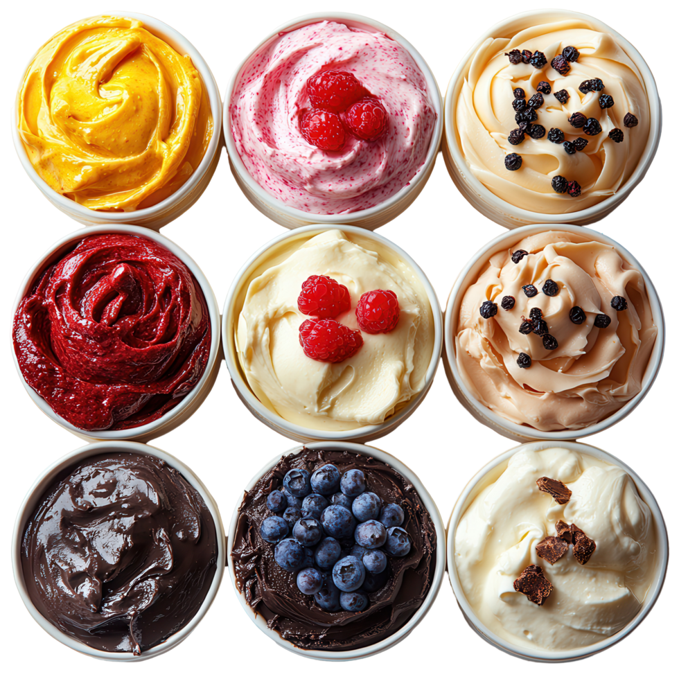 Colorful assortment of frozen desserts arranged in a grid pattern on a white background isolated on transparent background png