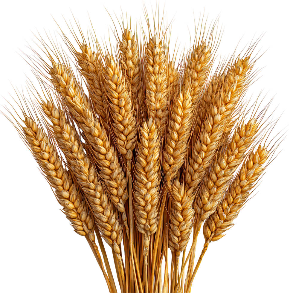 Wheat stalks arranged in a bundle showing golden grains ready for harvest in a sunny field isolated on transparent background png