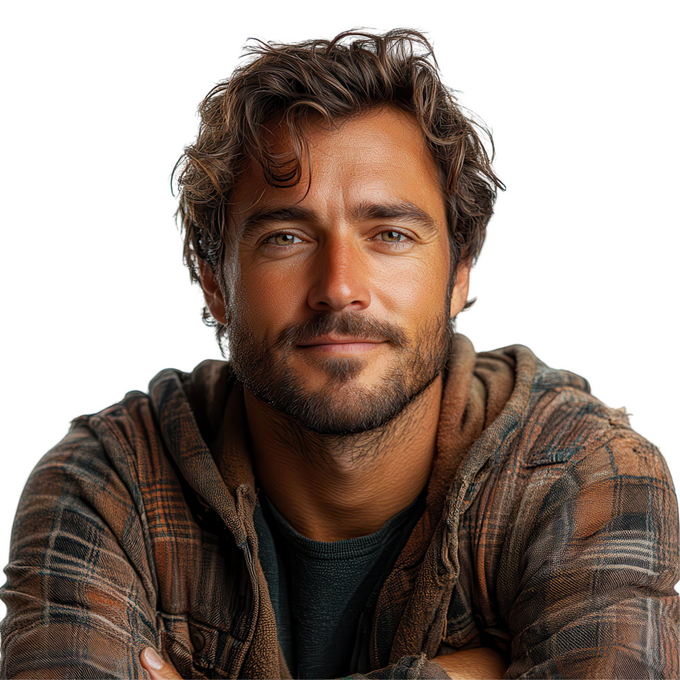 Man with curly hair and a friendly expression poses casually in a flannel shirt against a neutral background isolated on transparent background png
