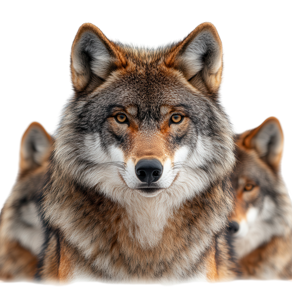 Multiple wolves showcase their striking features and captivating expressions in a dynamic arrangement isolated on transparent background png