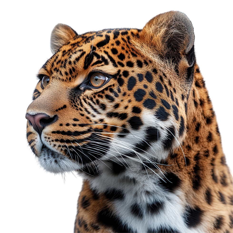 Close-up of a jaguar showcasing its striking fur patterns and intense gaze in a studio setting isolated on transparent background png