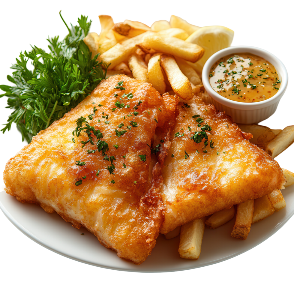 Delicious fried fish with crispy fries and tangy sauce served in a restaurant setting isolated on transparent background png