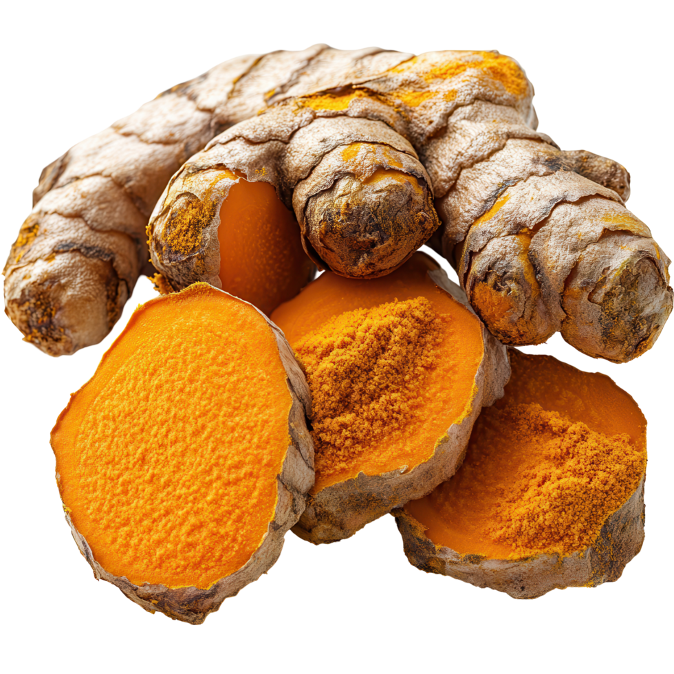 Fresh turmeric root with slices exposing vibrant orange color showcasing culinary and medicinal uses in healthy recipes isolated on transparent background png