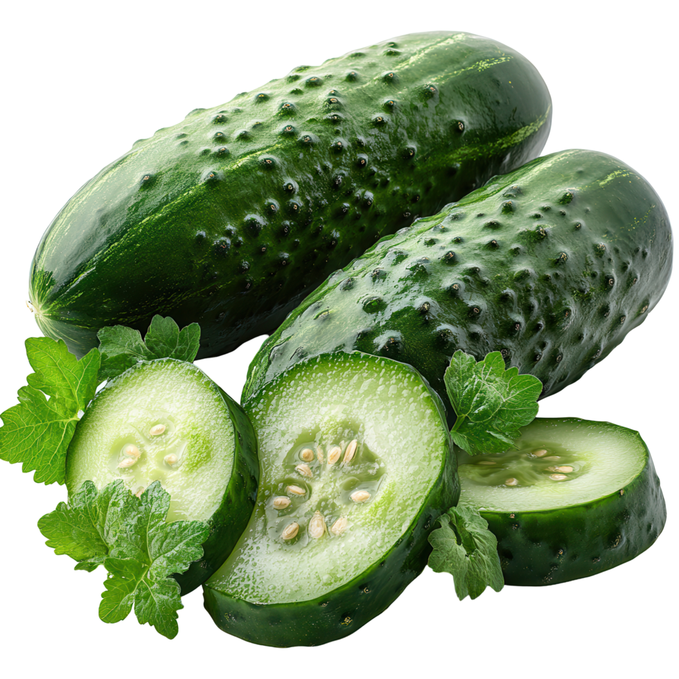 Fresh cucumbers with vibrant green skin and cut slices nestled amidst leafy green herbs in a bright setting isolated on transparent background png
