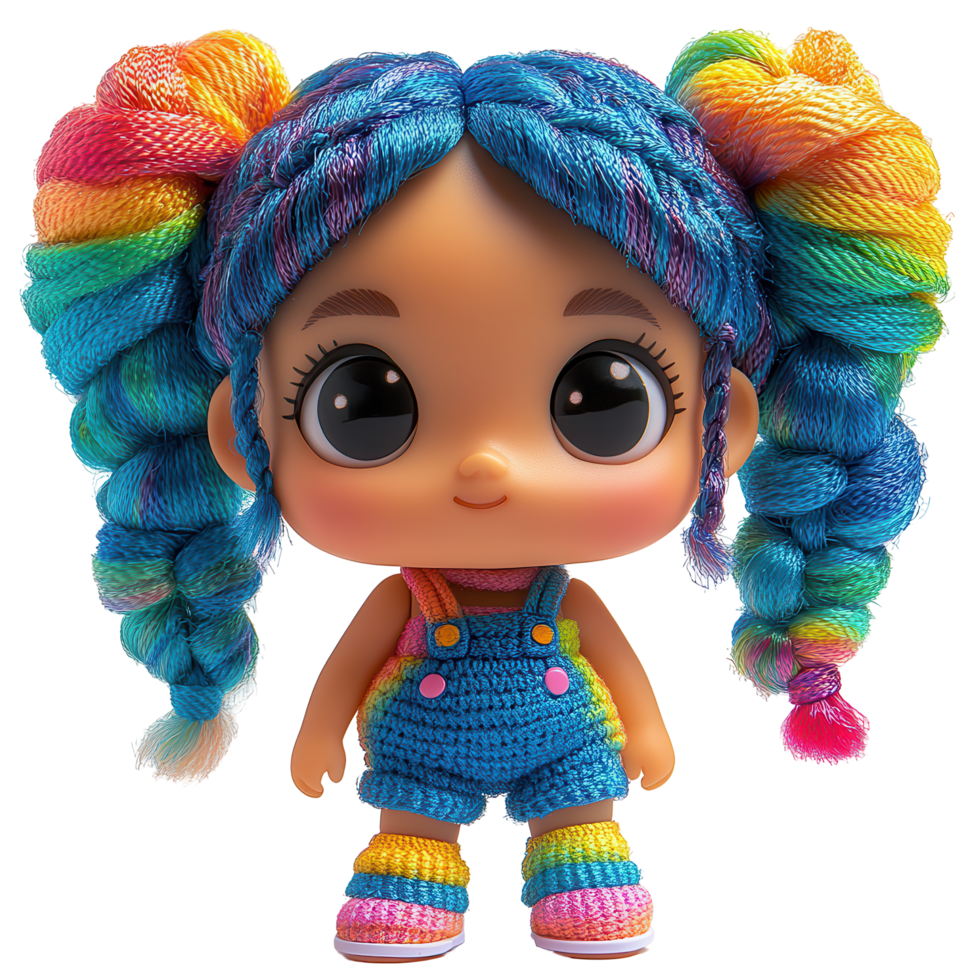 Colorful doll with vibrant hair and stylish outfit in a playful setting isolated on transparent background png