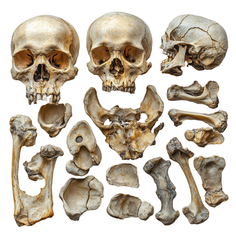 Various human skeletal remains displayed for educational purposes in a medical study setting isolated on transparent background png