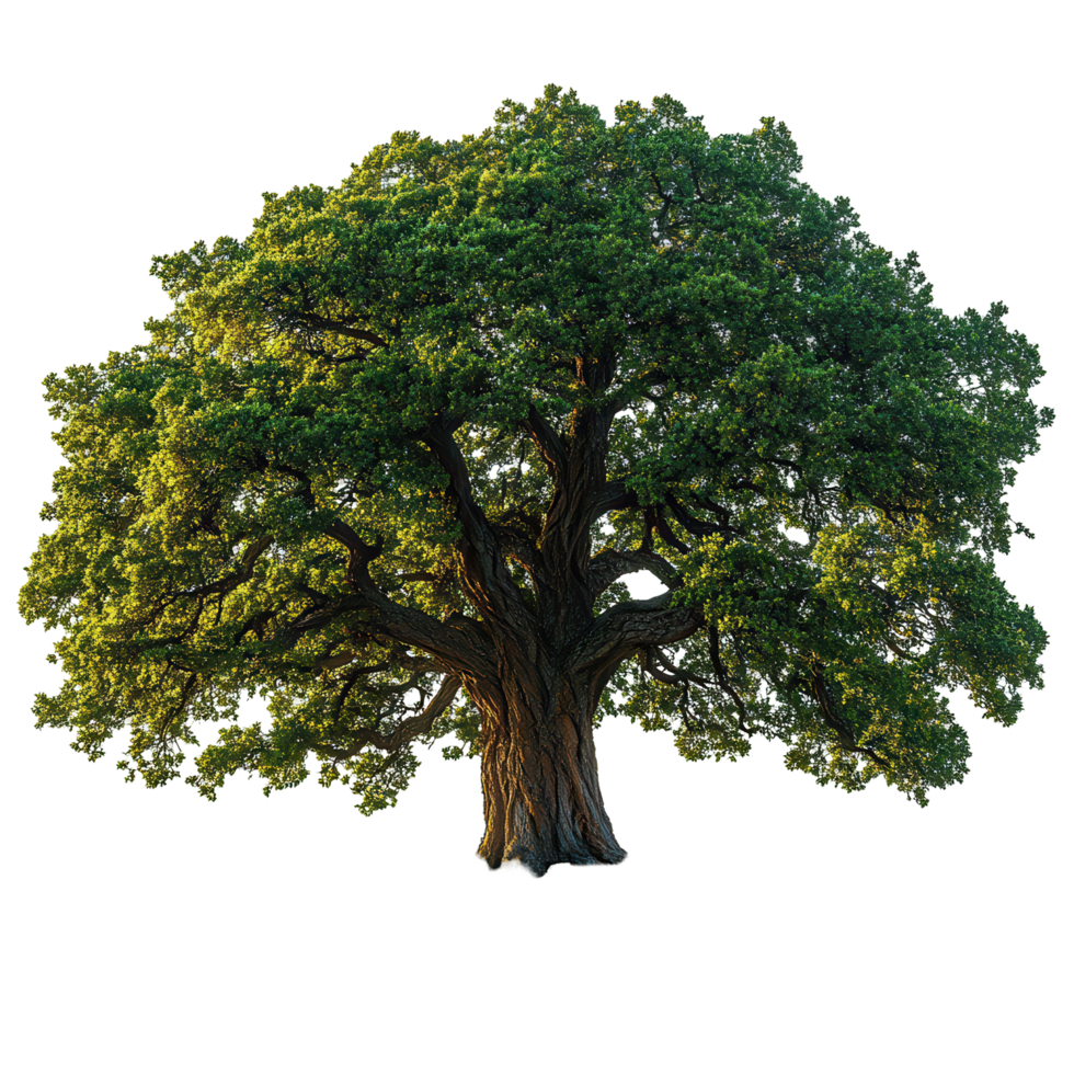 Majestic oak tree with thick trunk and lush foliage displayed against a clear background isolated on transparent background png