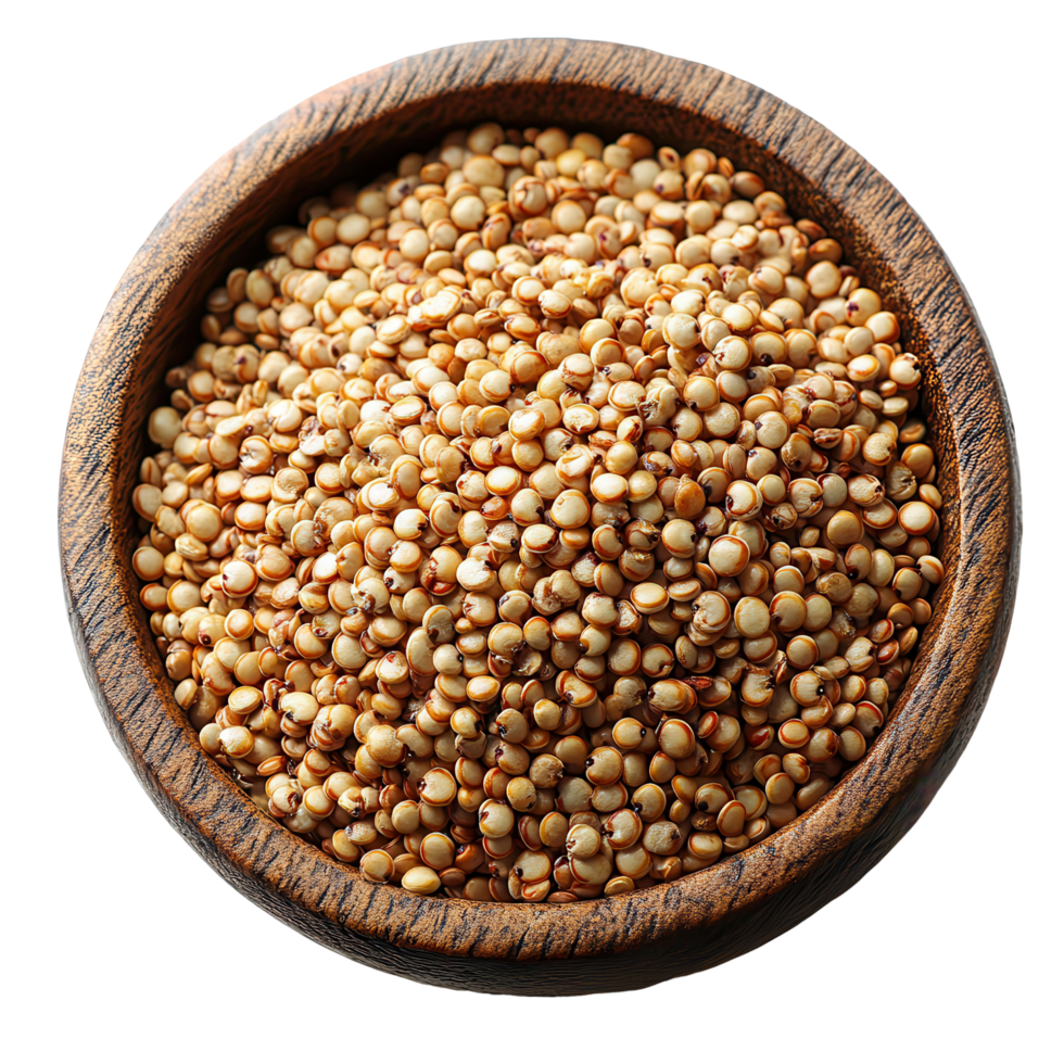 Quinoa seeds in a wooden bowl showcasing their texture and color isolated on transparent background png