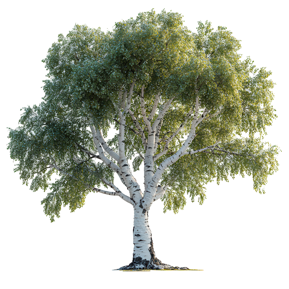 Detailed representation of a birch tree showcasing its vibrant green foliage on a bright day isolated on transparent background png