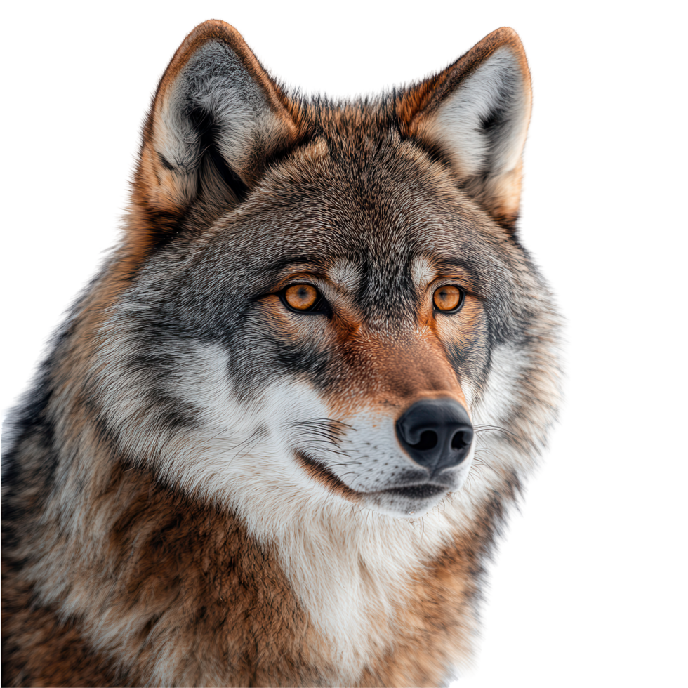 Wild wolf portrait featuring striking features and expressive eyes against a neutral background isolated on transparent background png