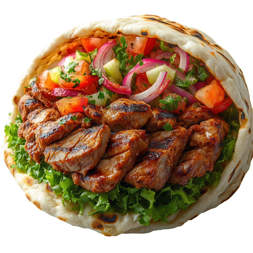 Delicious grilled meat wrap filled with fresh vegetables and herbs served on warm flatbread isolated on transparent background png