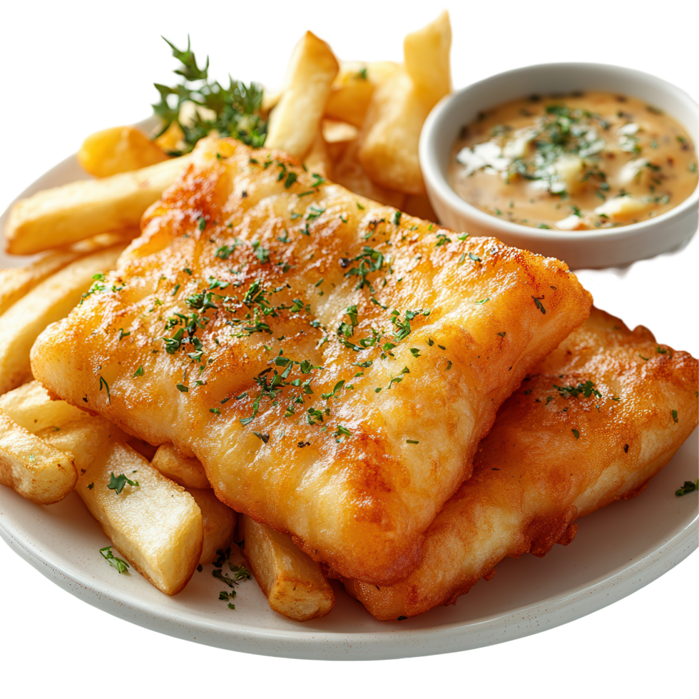Delicious fish and chips served with creamy sauce and garnished with parsley in a casual dining setting isolated on transparent background png