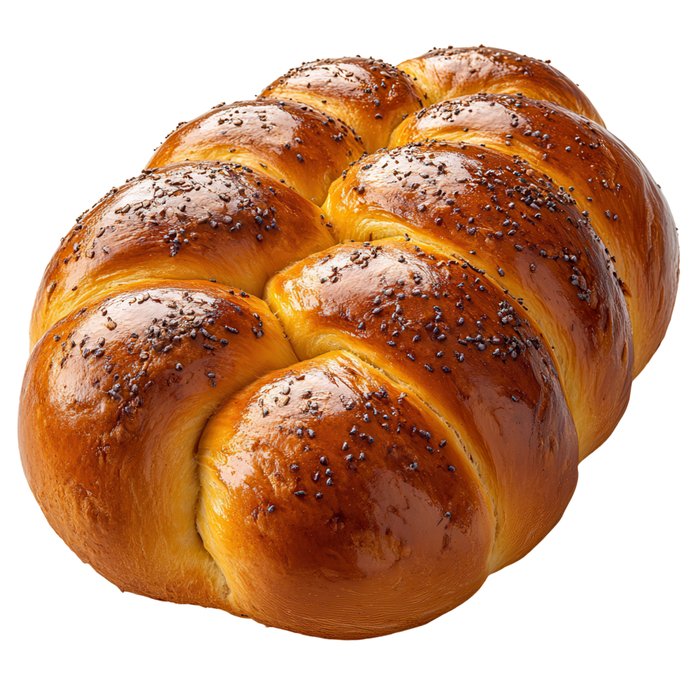 Freshly baked challah bread with a golden finish and poppy seeds on top, perfect for gatherings and celebrations isolated on transparent background png