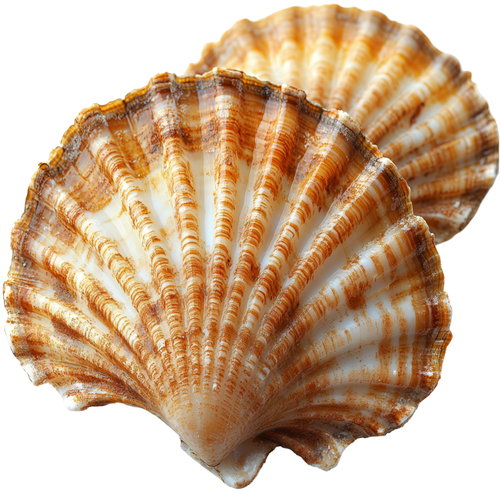 Beautifully patterned scallop shells resting on a smooth surface showcasing natural textures and colors from the ocean environment isolated on transparent background png