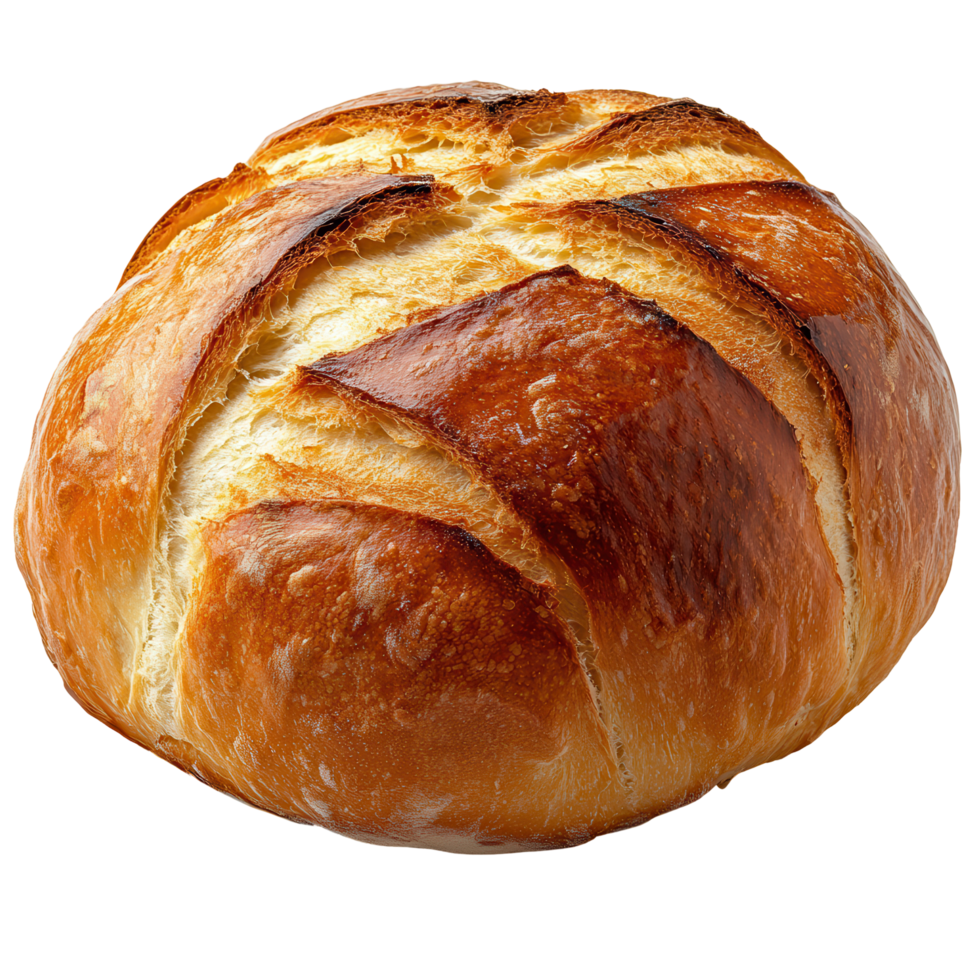 Freshly baked round loaf with a golden crust displayed on a clean surface isolated on transparent background png