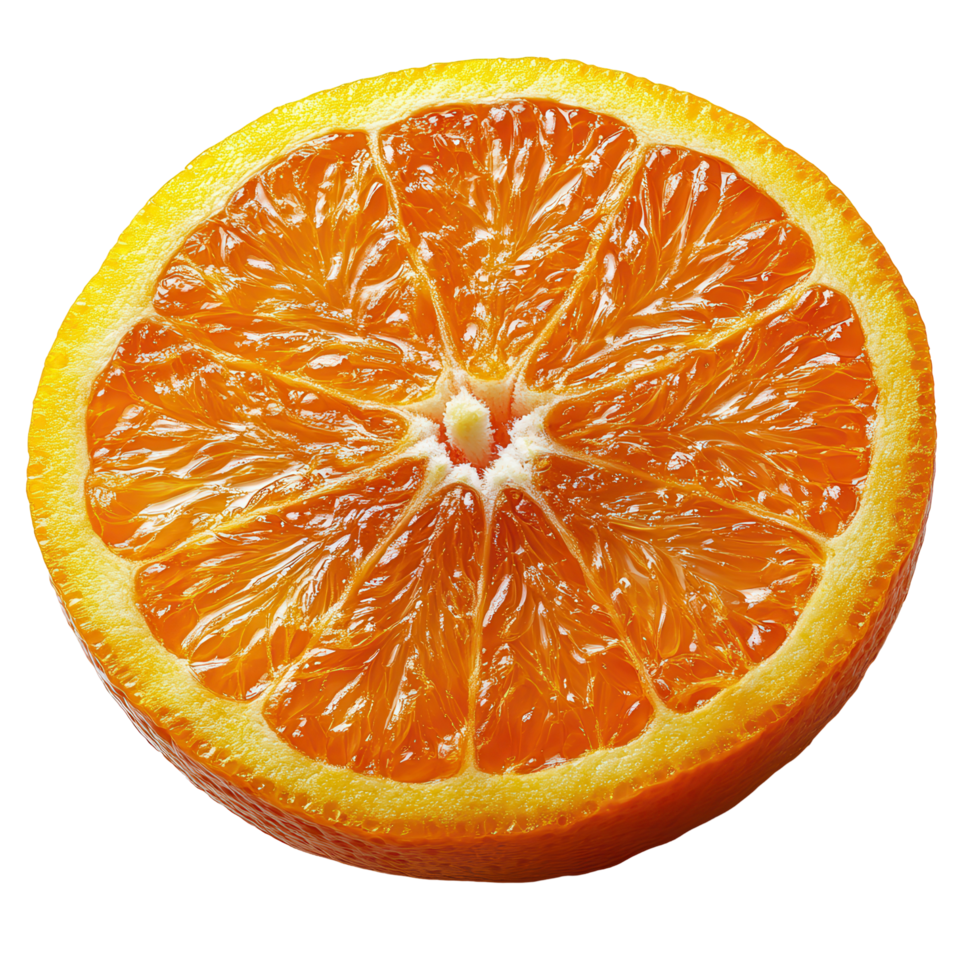 Freshly cut orange showcasing vibrant color and texture for culinary use or health benefits isolated on transparent background png