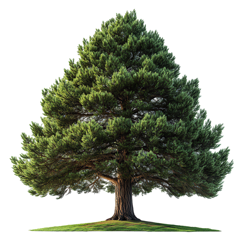 Majestic evergreen tree stands tall on green grass against a white background in a serene setting isolated on transparent background png