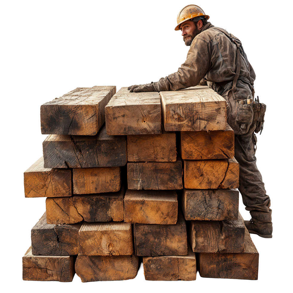 Worker arranging large wooden beams at a construction site during the day isolated on transparent background png