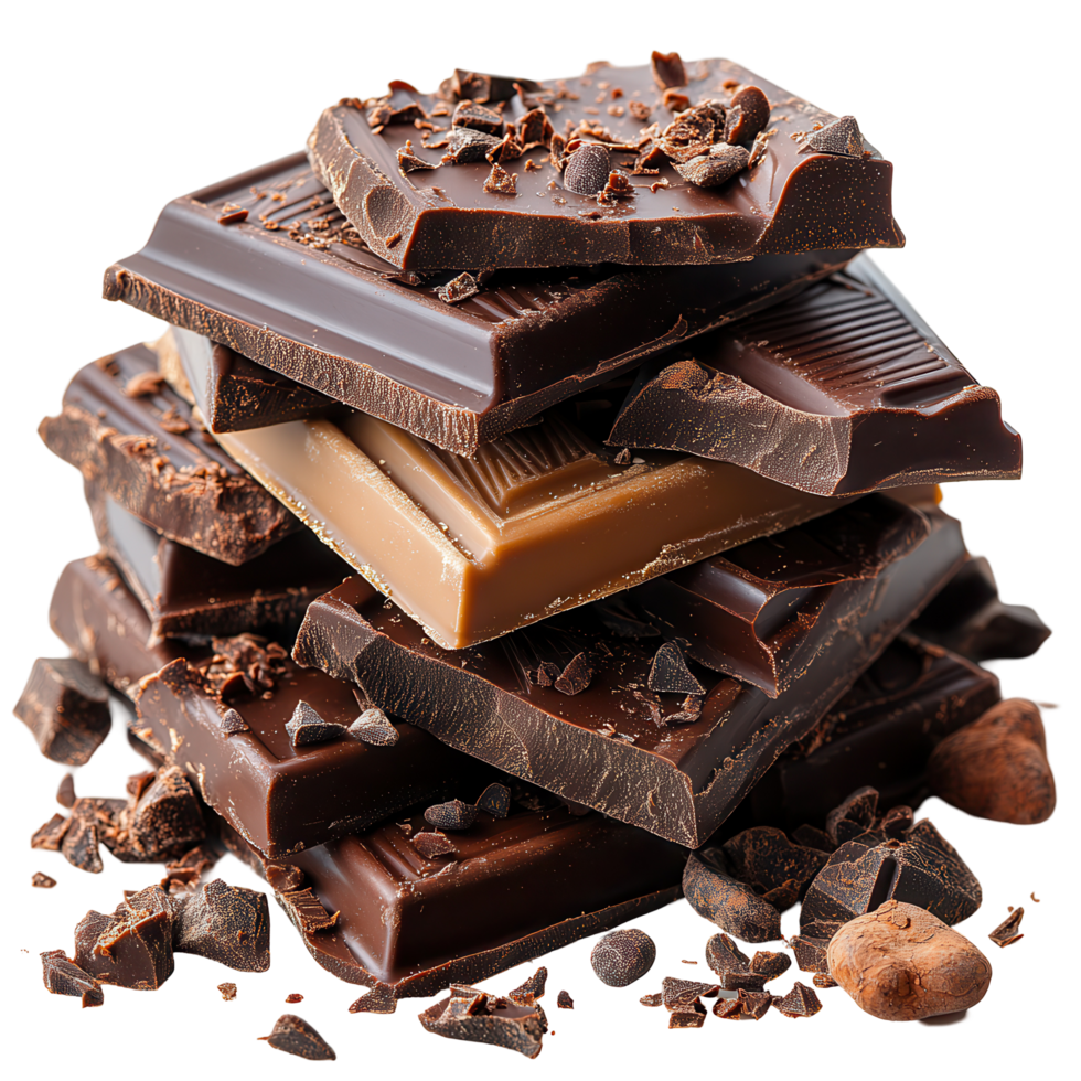 Assorted chocolate bars stacked on each other with cocoa pieces scattered around isolated on transparent background png