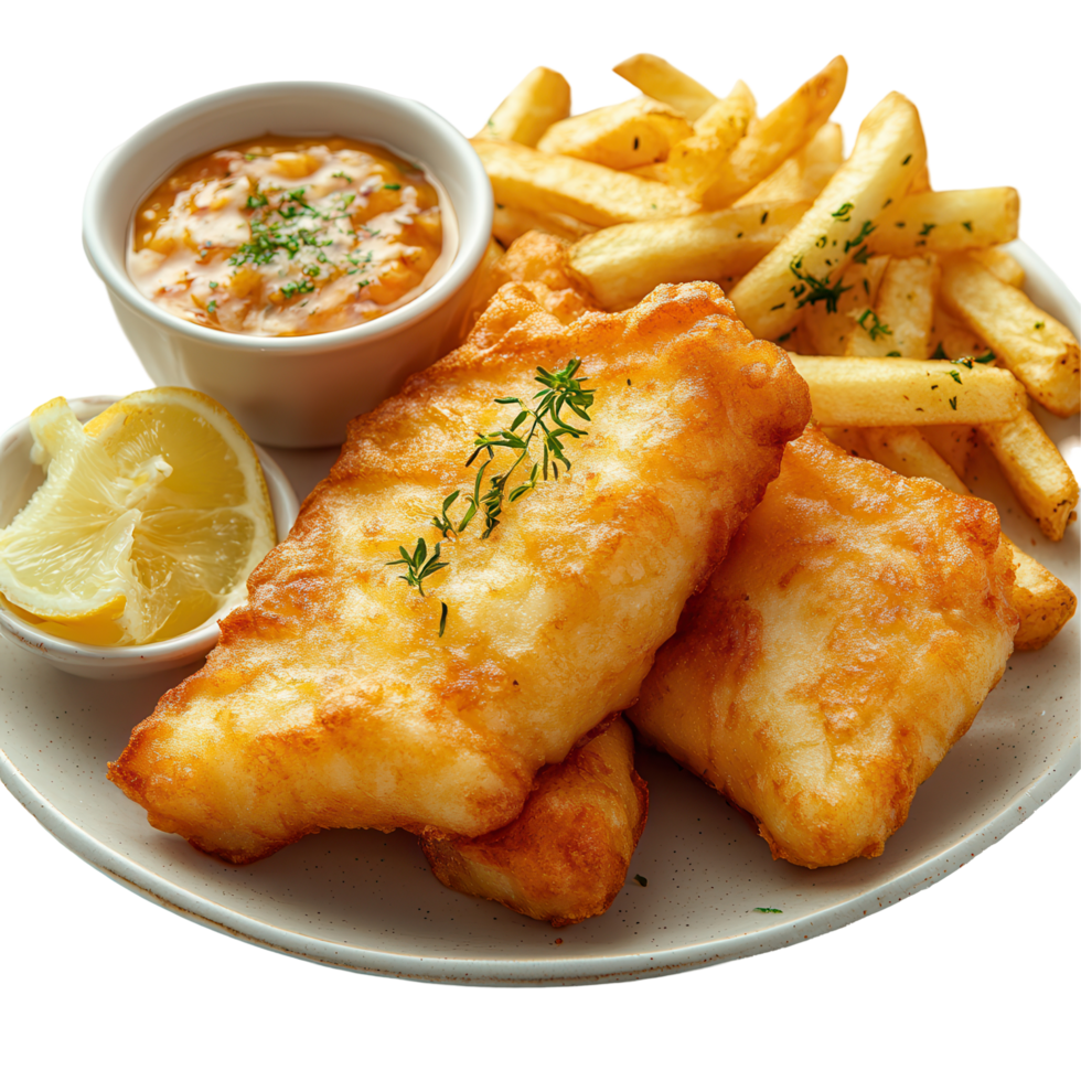 Delicious fish and chips with tartar sauce and lemon slices served on a plate isolated on transparent background png