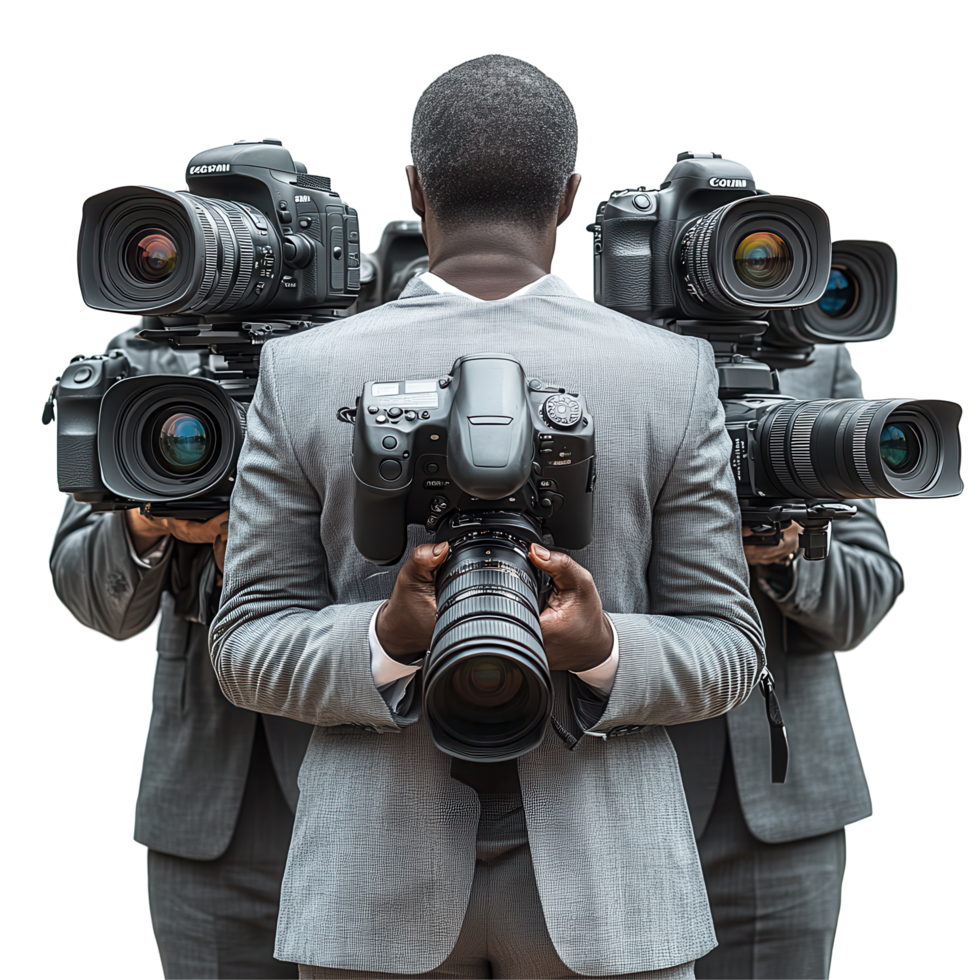 Professional photographer holding camera surrounded by multiple cameras in a studio setting isolated on transparent background png