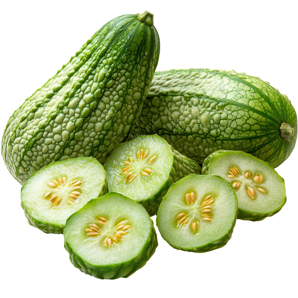 Fresh cucumbers arranged artistically on a wooden surface with slices displaying texture and seeds isolated on transparent background png