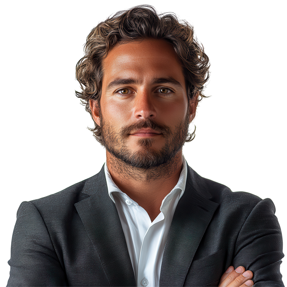 Confident man in a suit poses with arms crossed against a plain backdrop isolated on transparent background png