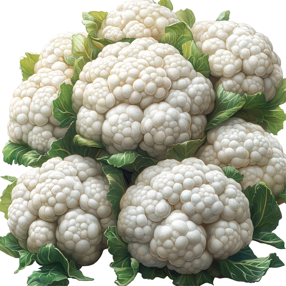 Freshly harvested cauliflower heads displayed with vibrant green leaves in a market setting isolated on transparent background png