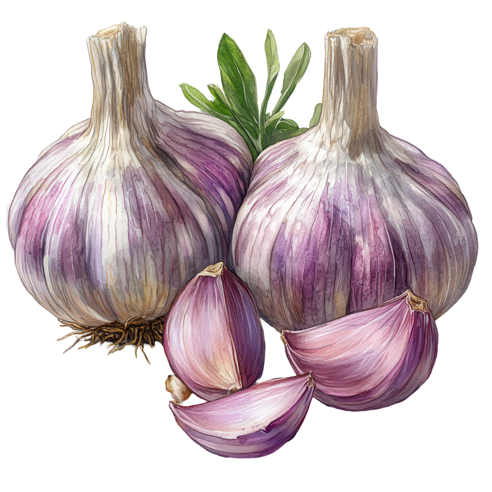 Fresh garlic with purple skin and cloves arranged on a white background showcasing natural texture and detail isolated on transparent background png