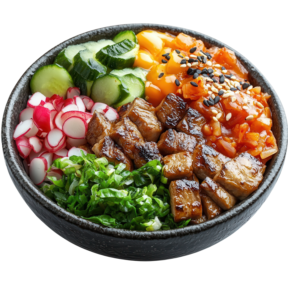 Vibrant rice bowl with grilled protein and fresh vegetables served in a rustic black bowl isolated on transparent background png
