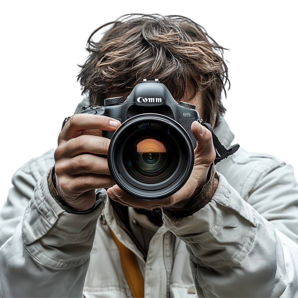 Portrait of a photographer capturing moments with a DSLR camera against a plain background isolated on transparent background png