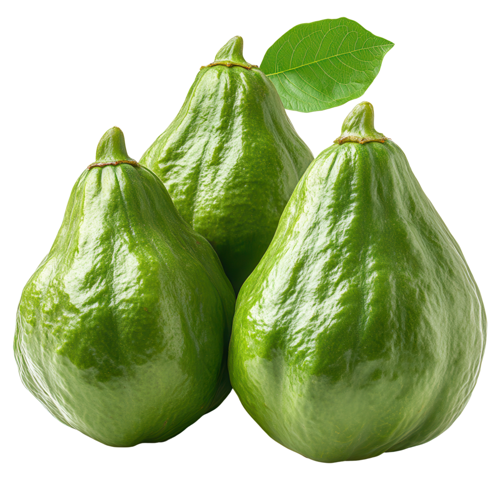 Fresh green avocados stacked together on a white background with a single leaf on top highlighting their natural sheen isolated on transparent background png