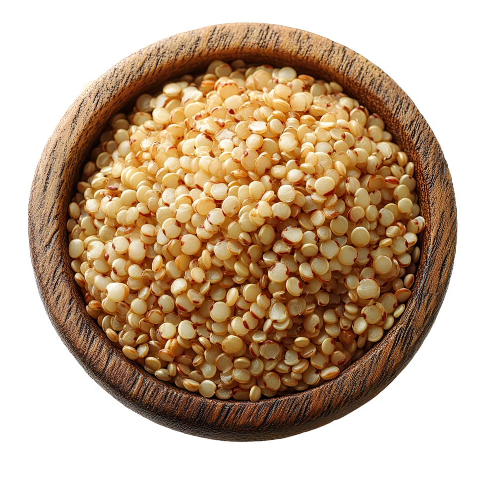 Quinoa seeds in a wooden bowl ready for cooking or meal preparation at home isolated on transparent background png